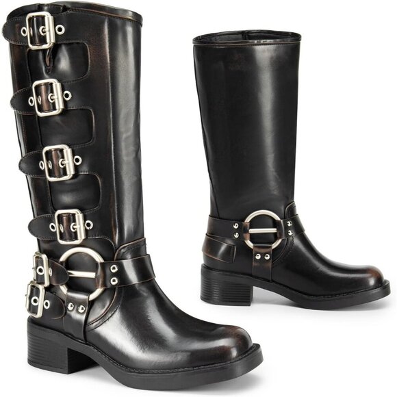 Women's Knee High Riding Boots Slip On Motorcycle Boot Fashion Buckle Biker Boot - Picture 5 of 7